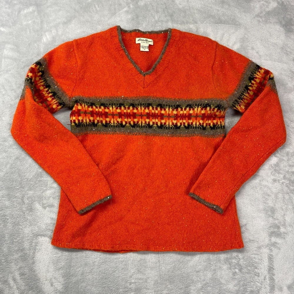 Vtg 90s Eddie Bauer Sweater‎ Womens Small Orange Southwestern Lambswool V-Neck